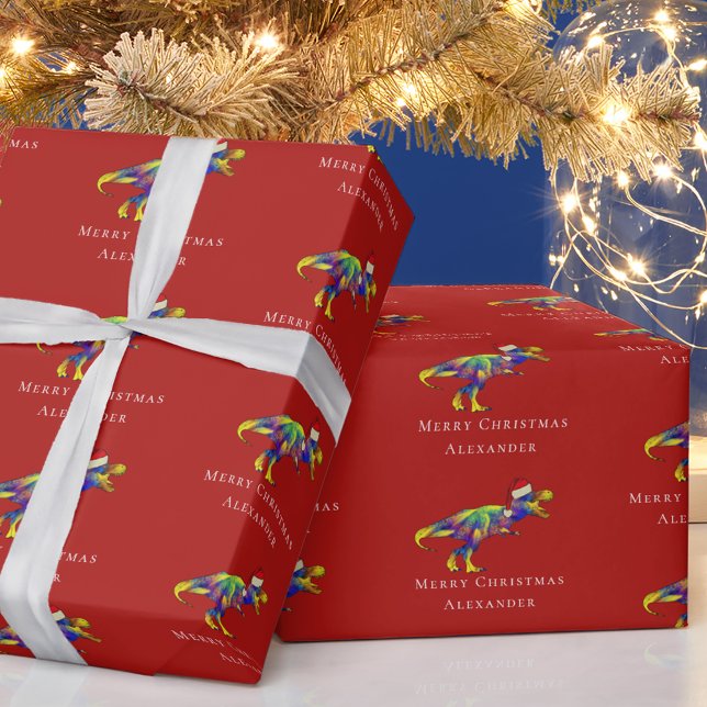 Funny Dinosaur Merry Christmas Personalised Red Wrapping Paper (Christmas dinosaur t-Rex personalized boys name holiday red wrapping paper)