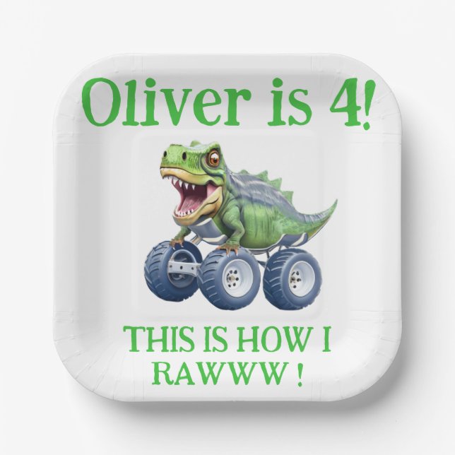 Funny dinosaur monster truck  paper plate (Front)