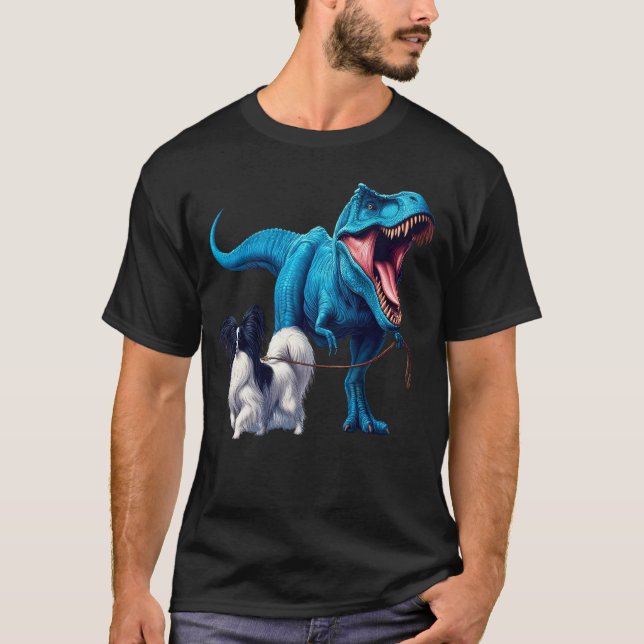 Funny Dinosaur Papillon Walking Dog Lover T-Shirt (Front)