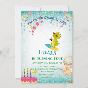 Funny dinosaur Paraglider Board Birthday party DIY Invitation