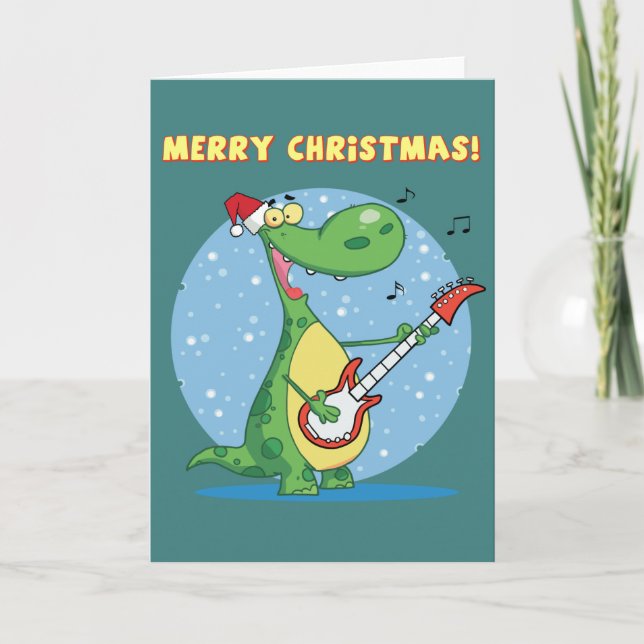 Funny Dinosaur Plays Guitar On Christmas Holiday Card (Front)