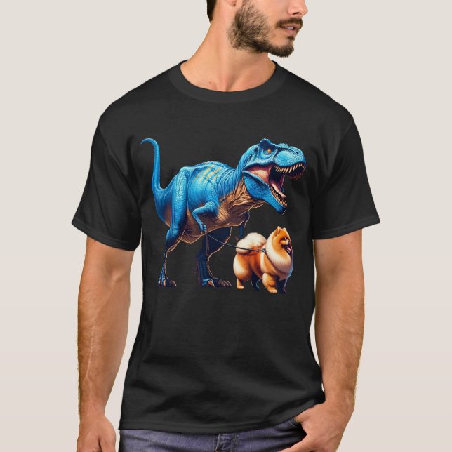 Funny Dinosaur Pomeranian Walking Dog Lover T-Shirt (Front)