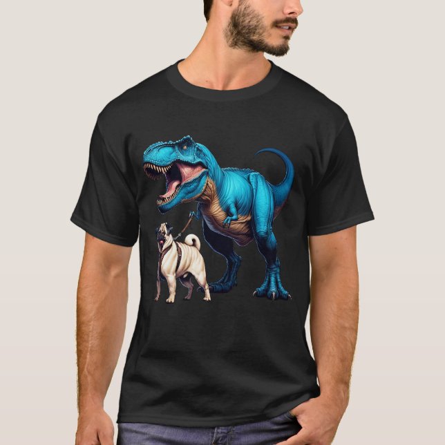 Funny Dinosaur Pug Walking Dog Lover T-Shirt (Front)