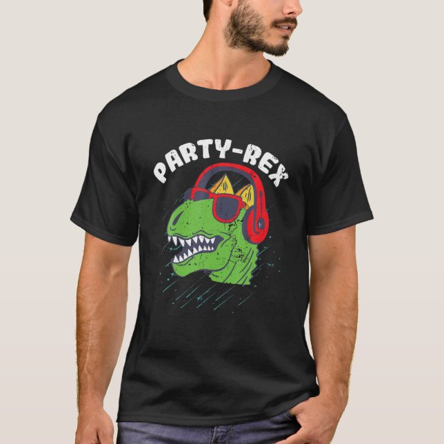 Funny Dinosaur Pun With Headphones Party Rex Kids T-Shirt (Front)