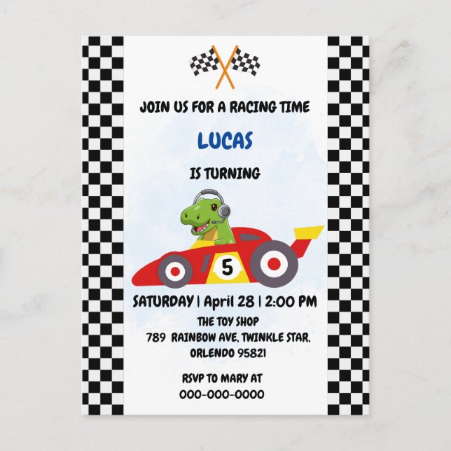Funny Dinosaur racing car boy game Birthday party Invitation Postcard (Front)