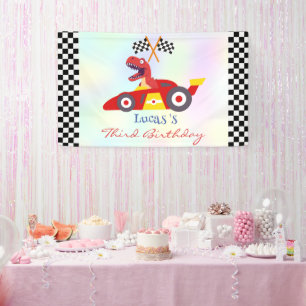Funny Dinosaur racing car boy kids Birthday party Banner