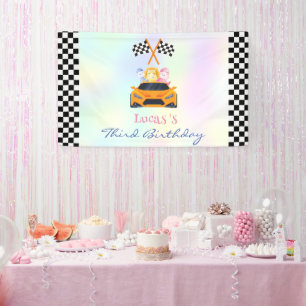 Funny Dinosaur racing car boy kids Birthday party Banner