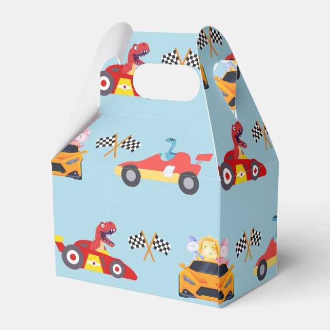 Funny Dinosaur racing car boy kids Birthday party Favour Box (Back Side)