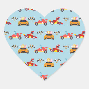 Funny Dinosaur racing car boy kids Birthday party Heart Sticker
