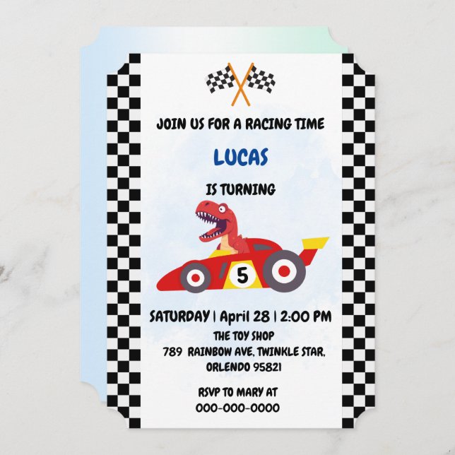Funny Dinosaur racing car boy kids Birthday party Holiday Card (Front/Back)
