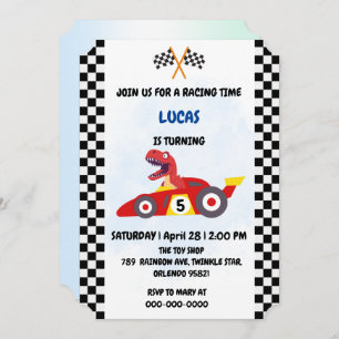 Funny Dinosaur racing car boy kids Birthday party Holiday Card