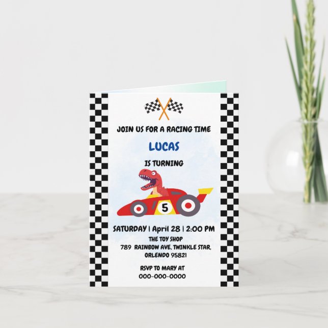 Funny Dinosaur racing car boy kids Birthday party Invitation (Front)