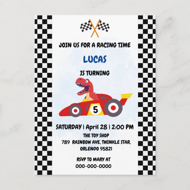Funny Dinosaur racing car boy kids Birthday party Invitation Postcard (Front)