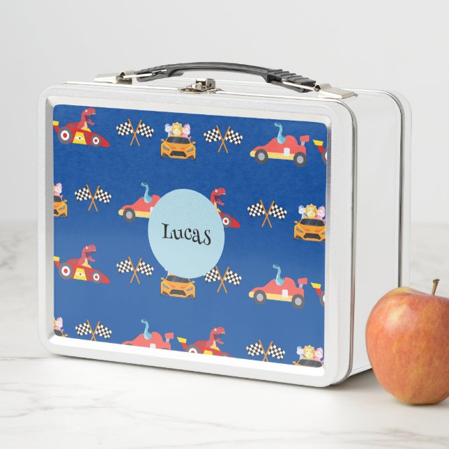 Funny Dinosaur racing car boy kids Birthday party Metal Lunch Box (In Situ)