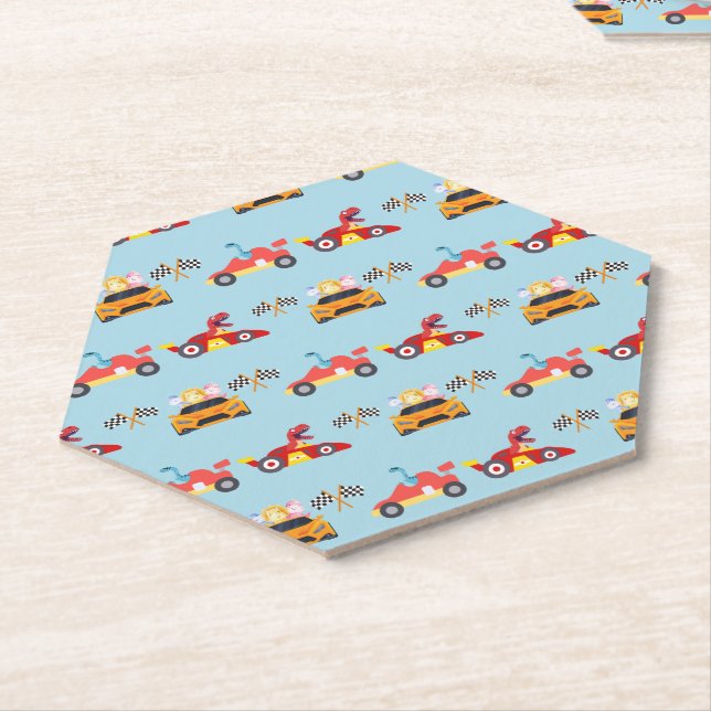 Funny Dinosaur racing car boy kids Birthday party Paper Coaster (Angled)
