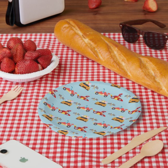 Funny Dinosaur racing car boy kids Birthday party Paper Plate (Picnic)