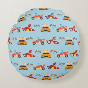 Funny Dinosaur racing car boy kids Birthday party Round Cushion