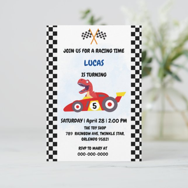 Funny Dinosaur racing car boy kids Birthday party Thank You Card (Standing Front)