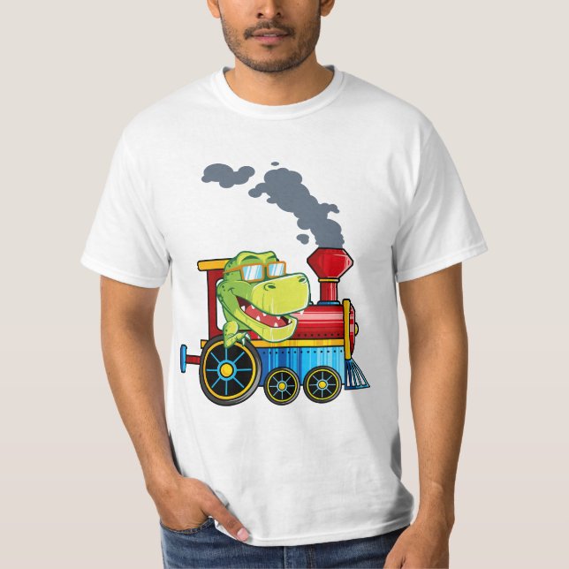 Funny Dinosaur Riding A Train Tyrannosaurus Dino B T-Shirt (Front)