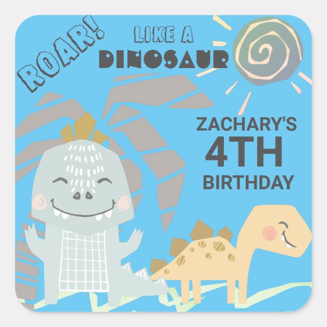 Funny Dinosaur Roar Kids Birthday Party Square Sticker (Front)