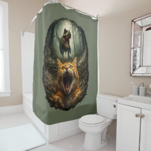 Funny Dinosaur Roaring T-Rex & Screaming Cat  Shower Curtain