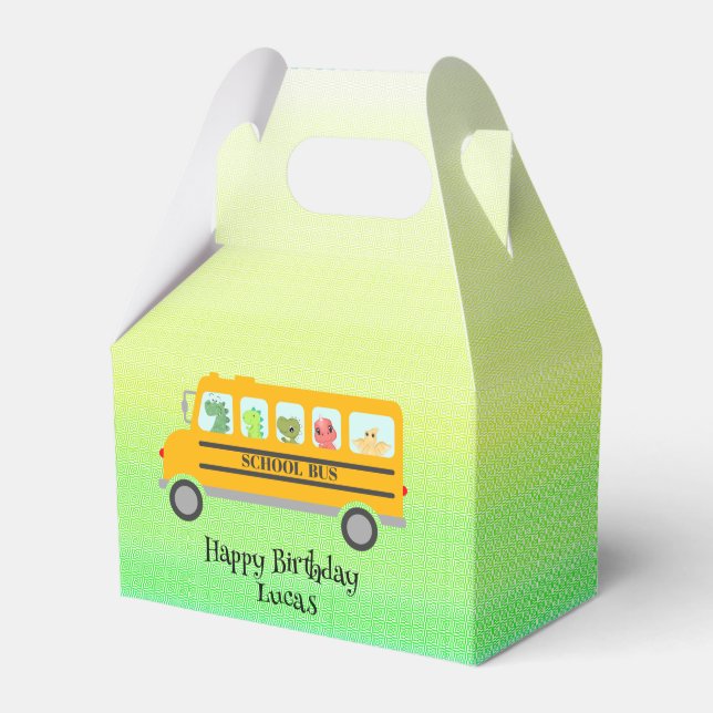 Funny dinosaur school Bus Birthday party DIY Name Favour Box (Front Side)
