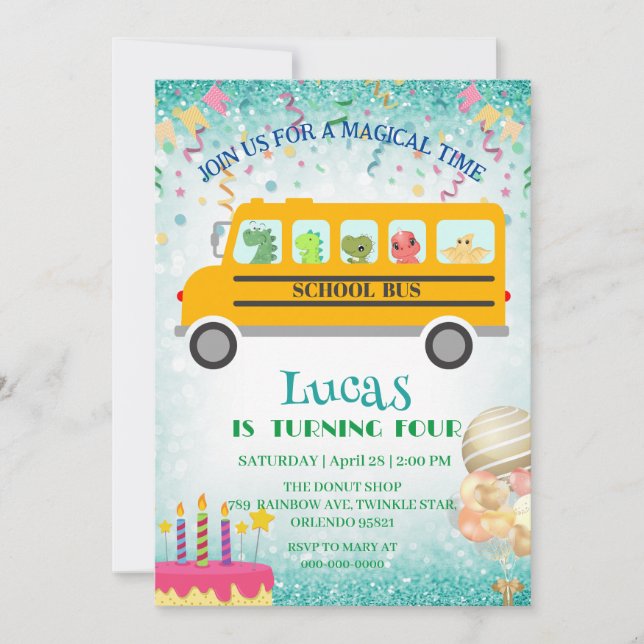 Funny dinosaur school Bus Birthday party DIY Name Holiday Card (Front)