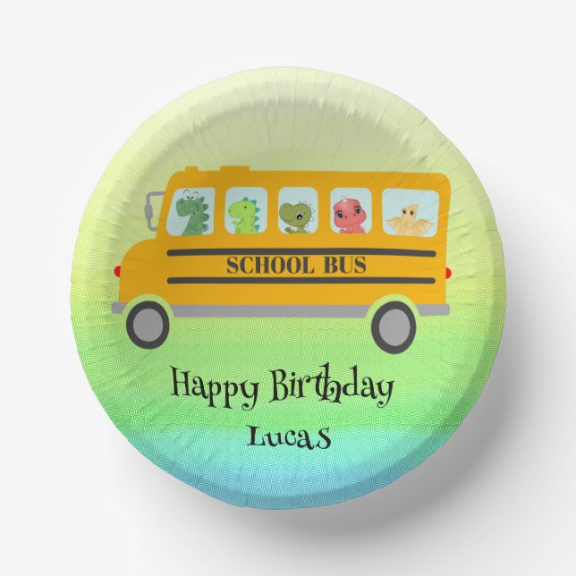 Funny dinosaur school Bus Birthday party DIY Name Paper Plate (Front)