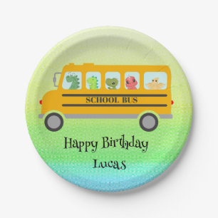 Funny dinosaur school Bus Birthday party DIY Name Paper Plate