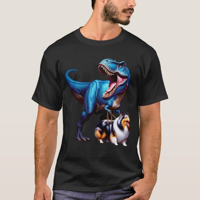 Funny Dinosaur Sheltie Walking Dog Lover T-Shirt (Front)