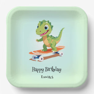 Funny dinosaur Skateboard Birthday party boys Paper Plate