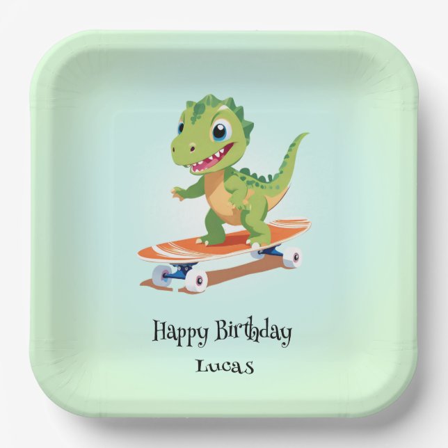 Funny dinosaur Skateboard Birthday party boys Paper Plate (Front)