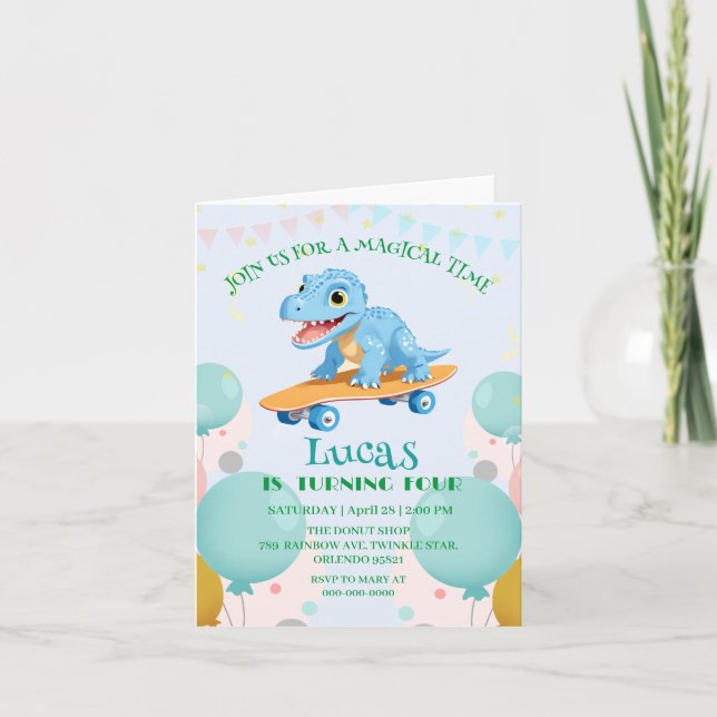 Funny dinosaur Skateboard Birthday party DIY Name Invitation (Front)