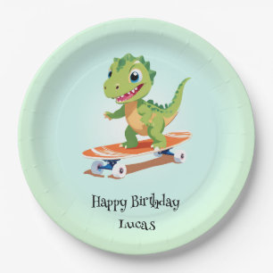 Funny dinosaur Skateboard Birthday party DIY Name Paper Plate