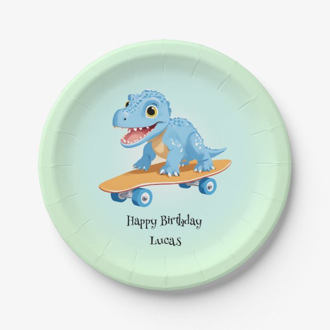 Funny dinosaur Skateboard Birthday party DIY Name Paper Plate (Front)