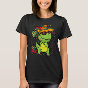 Funny Dinosaur Sombrero Maraca Mexican Kids Cinco  T-Shirt