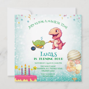 Funny dinosaur straw cart Birthday boys party  Invitation