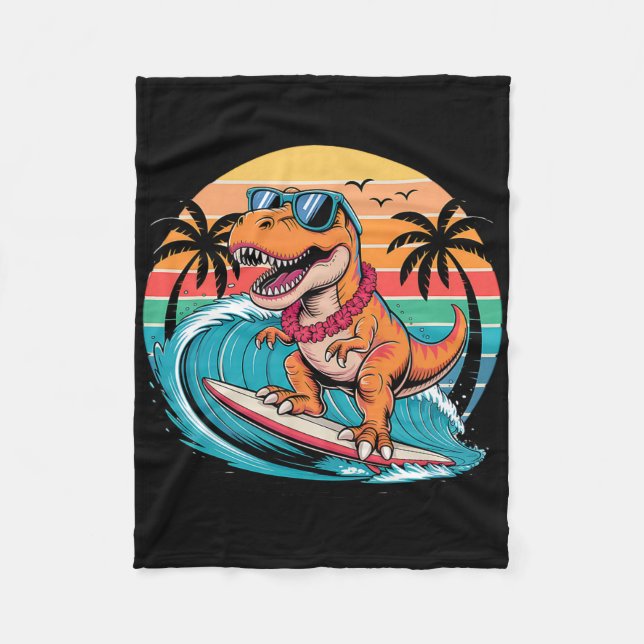 Funny Dinosaur Surfboard Beach Summer Surfing Trex Fleece Blanket (Front)