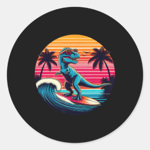 Funny Dinosaur Surfing Retro Sunset Men Women Kids Classic Round Sticker
