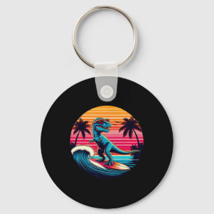 Funny Dinosaur Surfing Retro Sunset Men Women Kids Key Ring