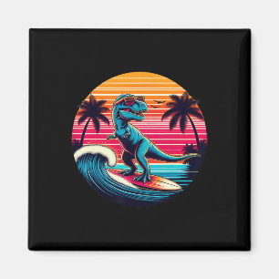 Funny Dinosaur Surfing Retro Sunset Men Women Kids Magnet