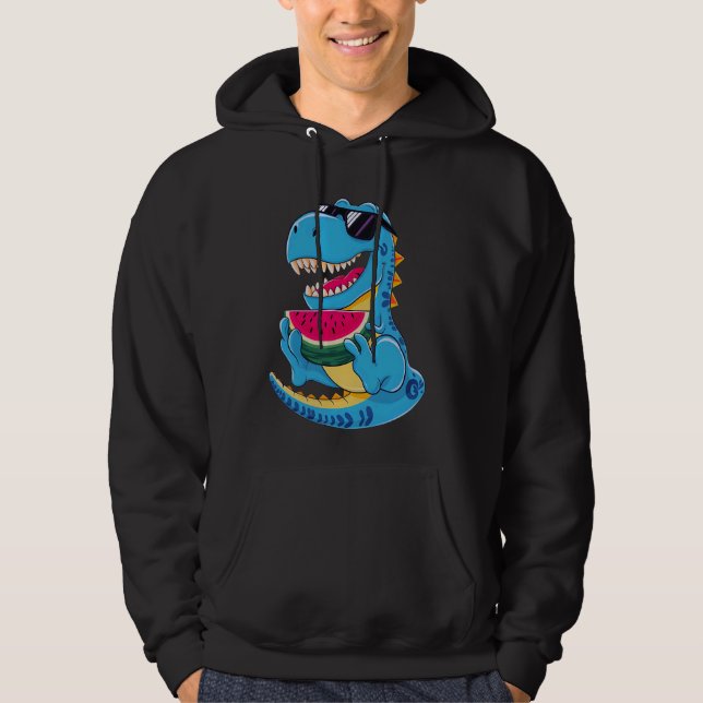 Funny Dinosaur T Rex Eating Watermelon Summer Vaca Hoodie (Front)
