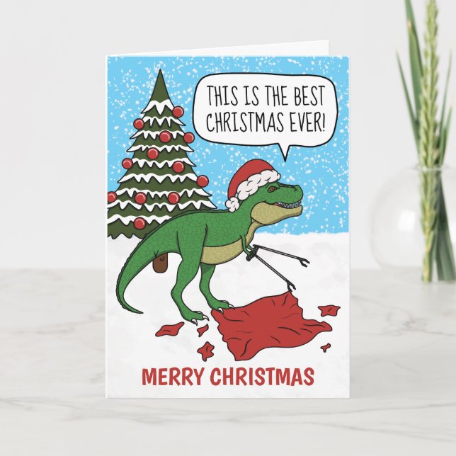 Funny Dinosaur T-Rex Merry Christmas  Holiday Card (Front)