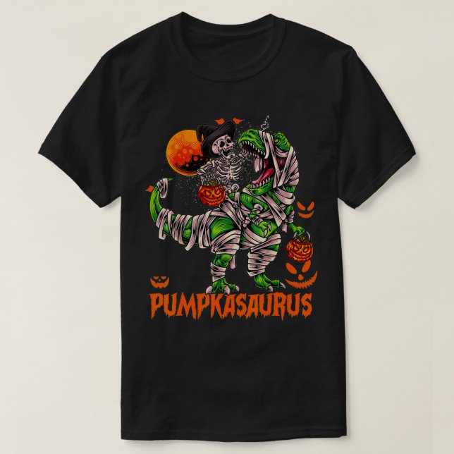 Funny Dinosaur T rex Mummy Pumpkin Halloween for K T-Shirt (Design Front)