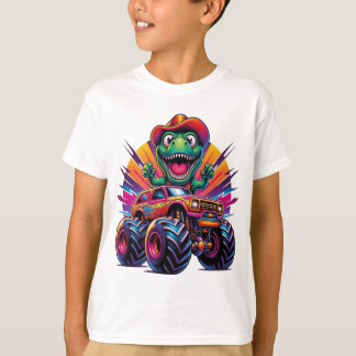 Funny Dinosaur T Rex On Monster Truck T-Shirt