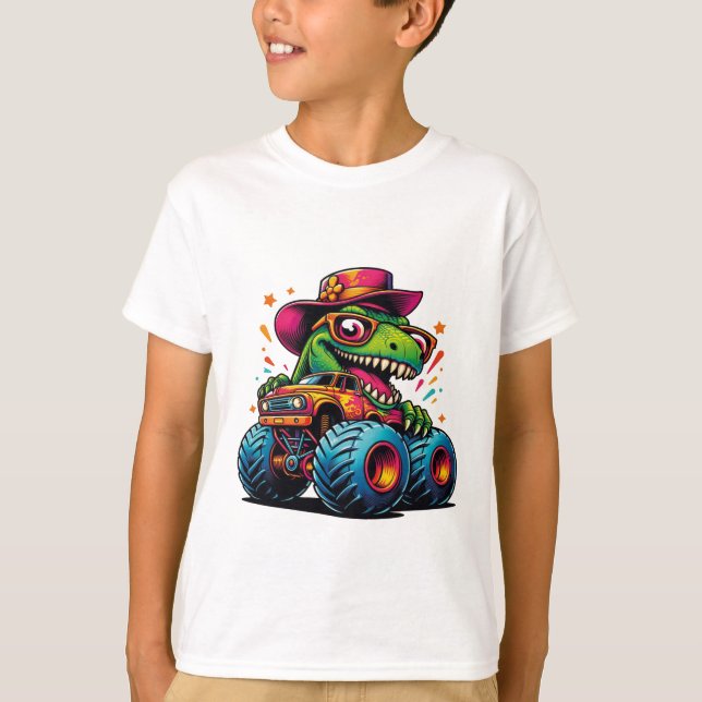 Funny Dinosaur T Rex On Monster Truck T-Shirt (Front)