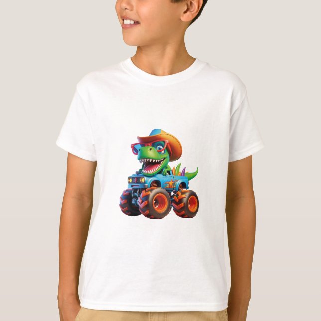 Funny Dinosaur T Rex On Monster Truck T-Shirt (Front)