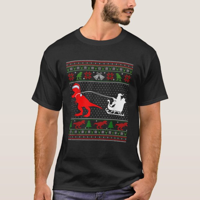 Funny Dinosaur T Rex Santa Sleigh Ugly Christmas S T-Shirt (Front)