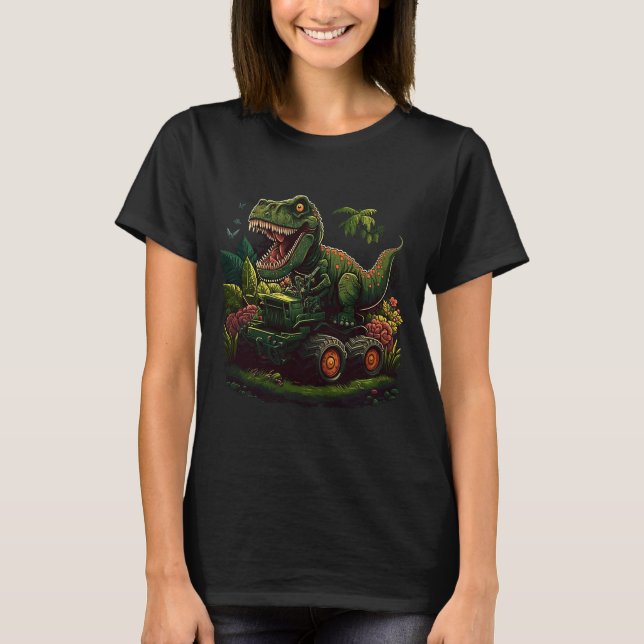 Funny Dinosaur Taking Monster Truck Joyride T-Shirt (Front)