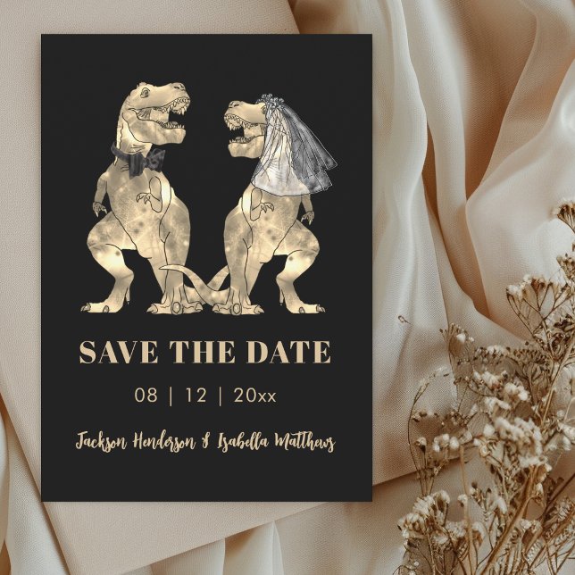 Funny Dinosaur Themed Black Wedding Save The Date (Fun simple dinosaur theme wedding save the date card funny T-Rex dino bride and groom )